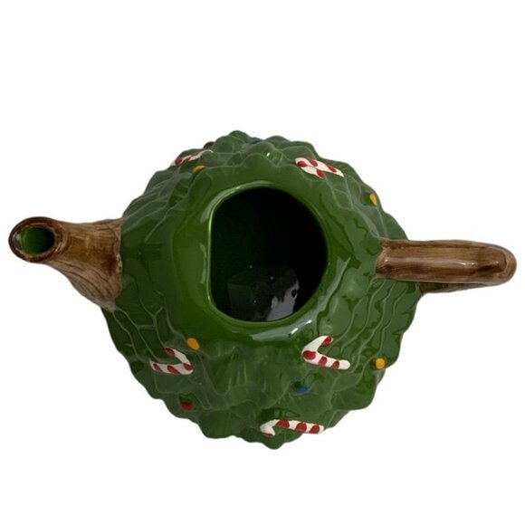 Holiday Teapot Christmas Tree Whimsical Vintage Glazed Ceramic Hand Painted - Picture 10 of 16